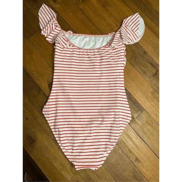 Vince Camuto Swim 8 one piece swimsuit red white striped ruffles off shoulder - Picture 4 of 6